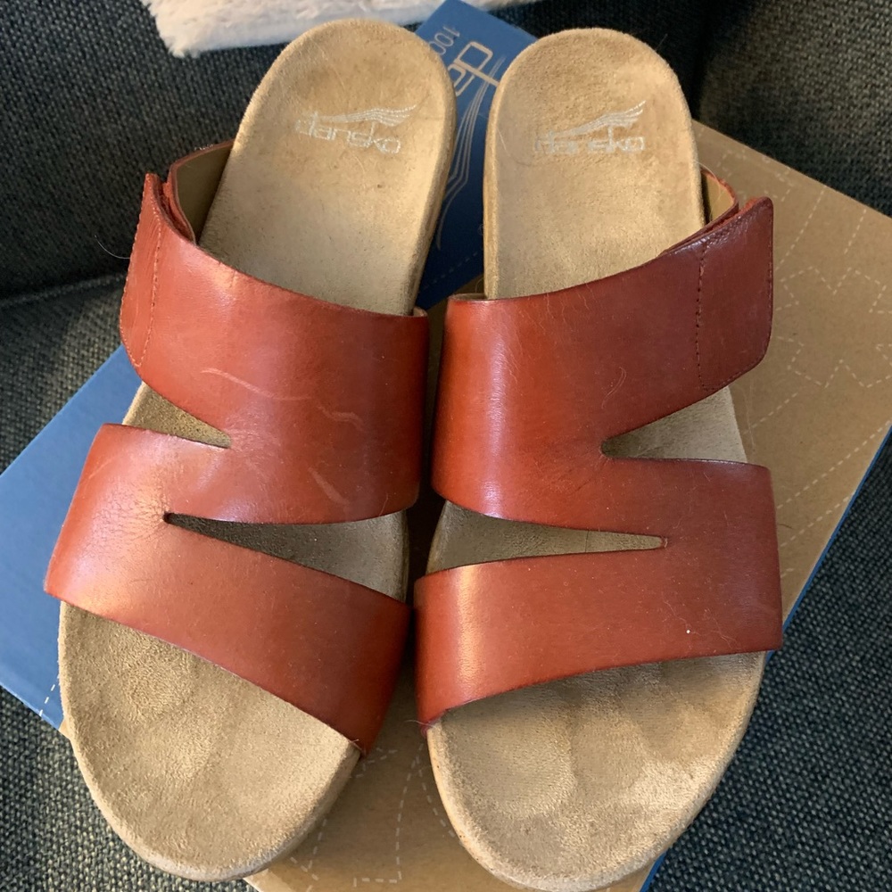 Dansko Women's Leather Slide Sandals in Cognac Brown